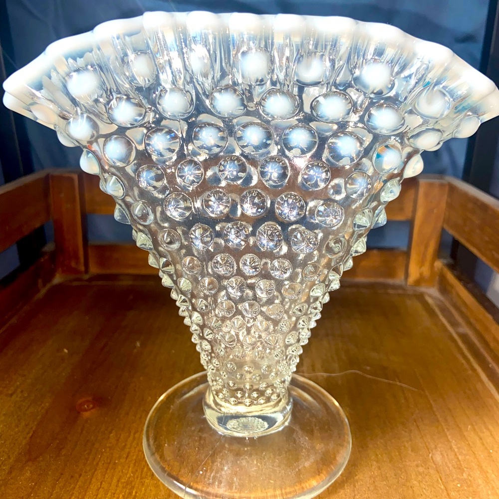 Fenton French opalescent Hobnail glass fan vase.